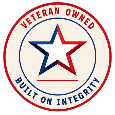 Round emblem reading Veteran Owned, Built on Integrity, with a red, white and blue star at its center